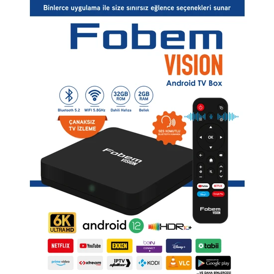 Fobem Vision 6k Android Tv Box - Çanaksız Tv Izleme | Sesli Komut | Bluetooth | Wi-Fi | 2 GB Ram | 32 GB Hafıza