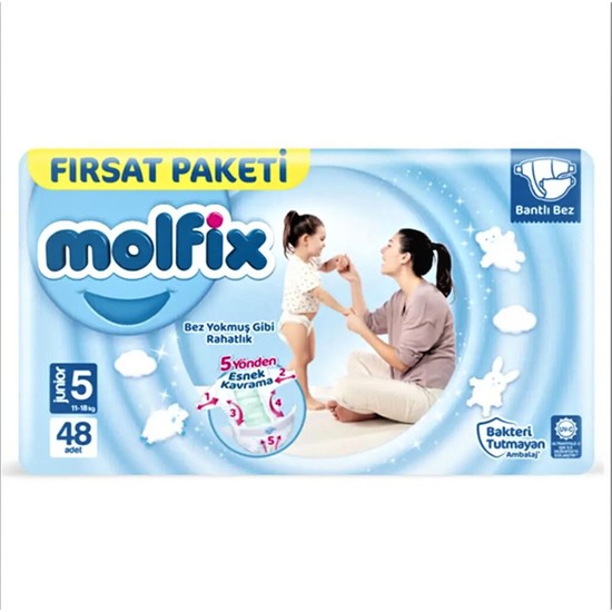 Molfix Bantlı Bebek Bezi 5 Beden 11-18 kg 48li Fırsat Paketi Sızıntıları Önlemeye Yardımcı