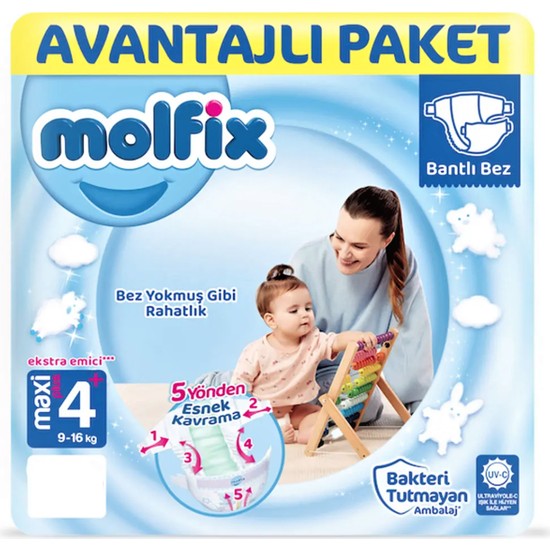 Molfix 4+ Beden Bantlı Bebek Bezi 9-16 Kg 52li Fırsat Paketi Hızlı Emici Teknoloji