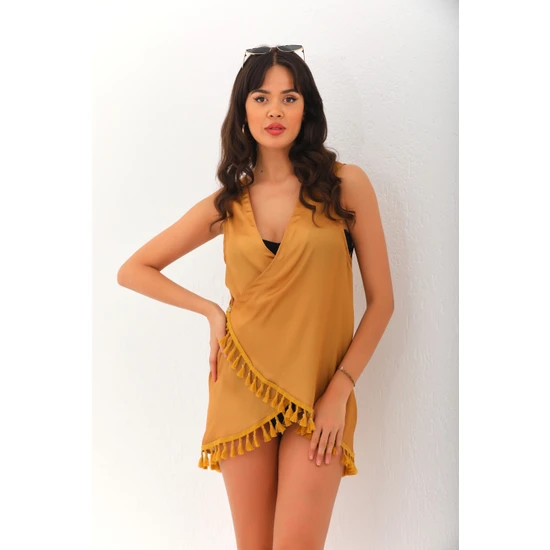 Marecaldo Yazlık Kadın Giyim Modası Mayo Üzeri Kruvaze Pareo Modeli Harda Saçaklı Desen