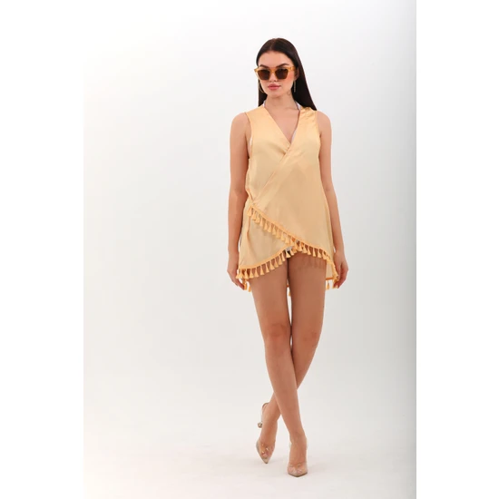 Marecaldo Yazlık Kadın Giyim Modası Mayo Üzeri Kruvaze Pareo Modeli Crema Saçaklı Desen