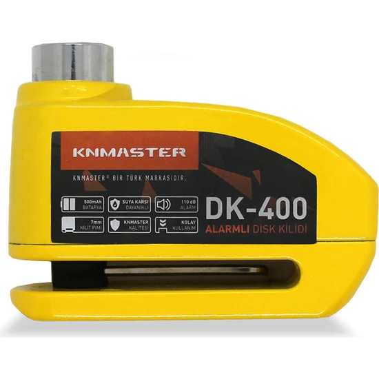 Knmaster Disk Kilidi DK-400 7mm Alarmlı + Hatırlatma Kablosu ve Çanta Hediyeli ( Sarı )