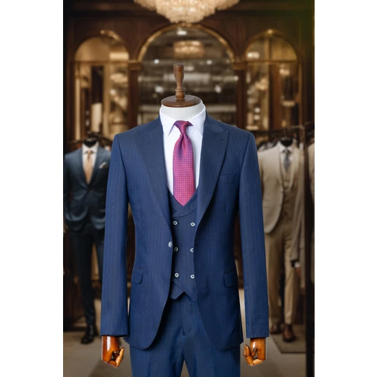 Salih Tarz Takım Elbise Italyan Kesim Çizgili Yelekli Lacivert SD4175