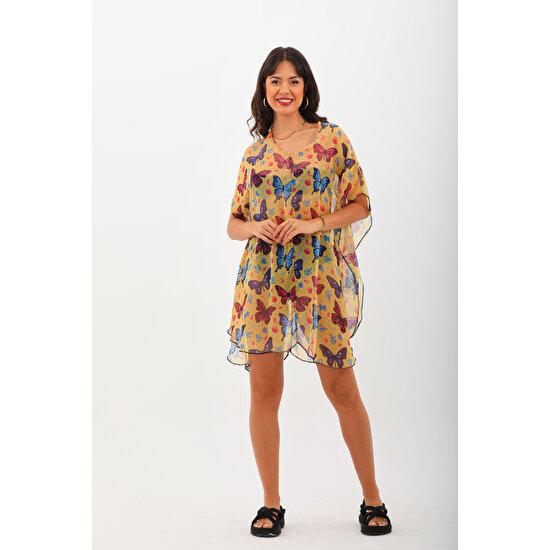 Marecaldo Yazlık Kadın Giyim Modası Mayo Üzeri Yarasa Pareo Modeli Farfalla Sarı Desen