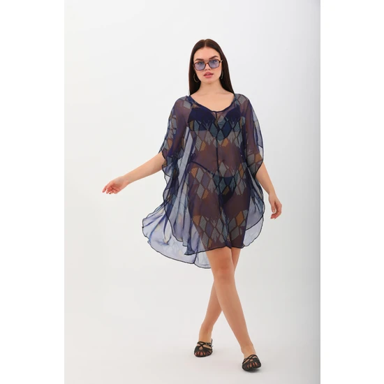 Marecaldo Yazlık Kadın Giyim Modası Mayo Üzeri Yarasa Pareo Modeli Farfalla x Mavi Desen