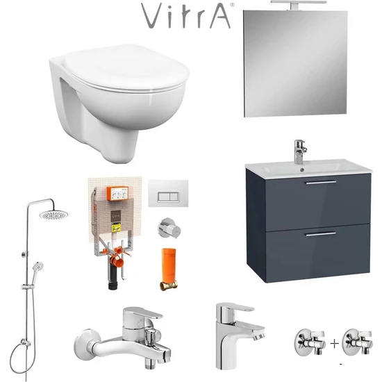 Vitra 60CM Antrasit Banyo Dolabı + Duş Sistemi + Batarya + Arkitekt Klozet Set