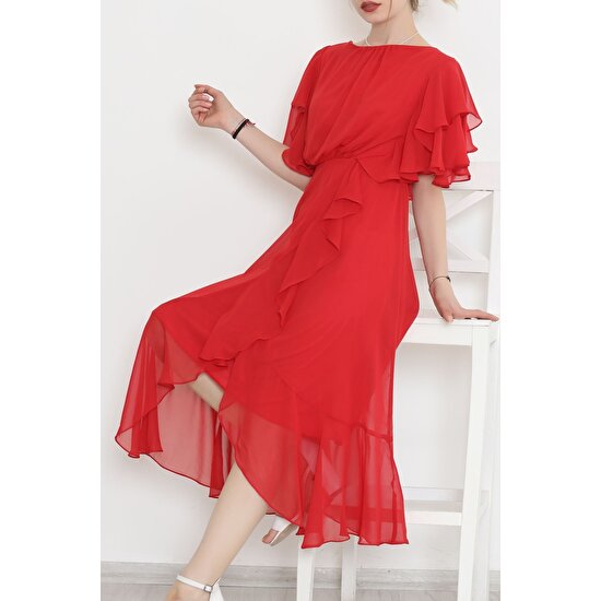 Ferrosso Beli Lastikli Fırfırlı Elbise Kırmızı - 11033.1322.