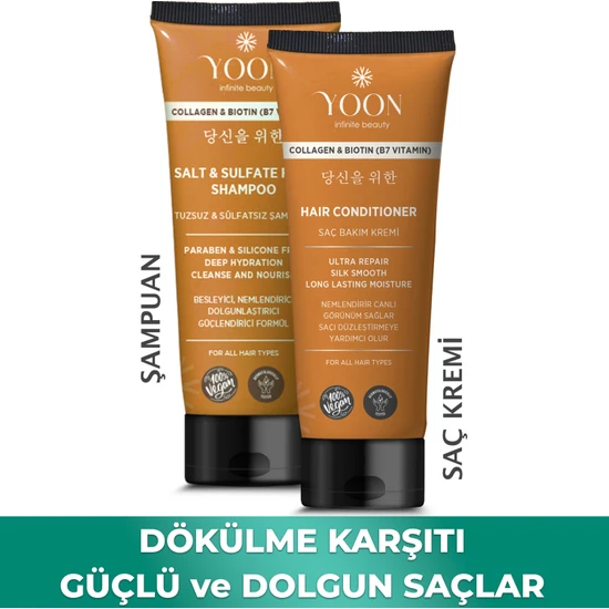 Yoon Vegan Tuzsuz Şampuan 250ML & Saç Bakım Kremi 200ML Sülfatsız, Kolajen ve Biotinli 2'li Besleyici Set