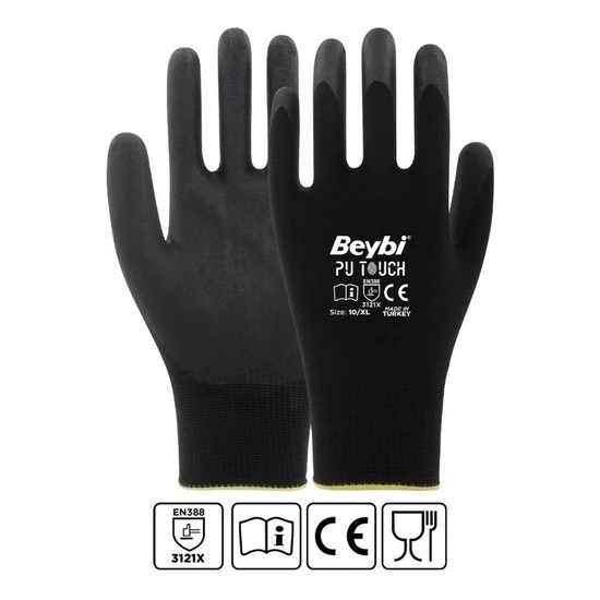 Beybi Pu Touch Polyester Astarlı Poliüretan Kaplı Hassas Montaj Eldiveni No:8 Medium 12 Çift