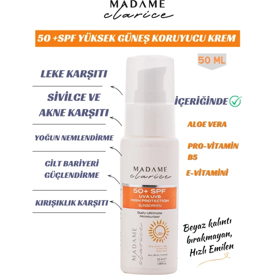 Madame Clarice Güneş Kremi Yüksek Koruma SPF50 +Aloe Vera +Vitamin E + Pro B5 Vitamin