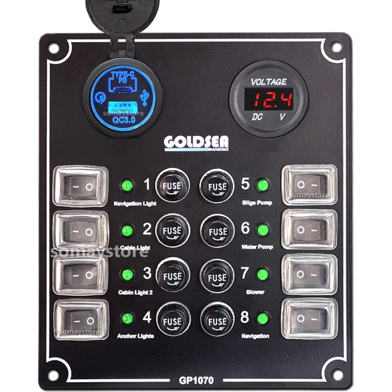 Goldsea Switch Panel 8 Anahtar Usb 3.0 Type-C + Voltmetre Soketli Kontrol Paneli 148X170MM 12-24V