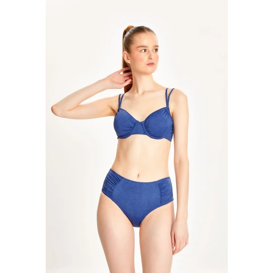 Too Salty Swimwear Kadın Mavi Kot Görünümlü Büzgülü Balenli Toparlayıcı Yüksek Bel Bikini Takımı 24S102ST