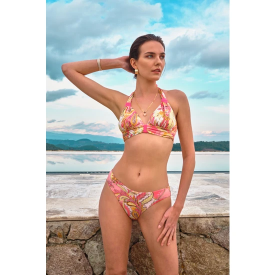 Too Salty Swimwear Kadın Renkli Şal Desen Toparlayıcı Boyundan Bağlı Klasik Bel Bikini Takımı 24S108ST