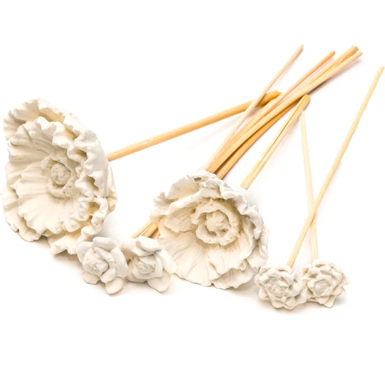 Missi Beyaz Büyük Karışık Çiçek Taşlı 10'lu  Bambu Kamış Seti