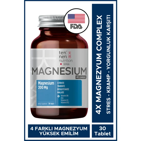 Tennen Nutrition 4x Magnesium Complex - Her Serviste 200 Mg Magnezyum Sitrat, Biglisinat, Taurat, Malat - Çinko, Vitamin D, B6, B12
