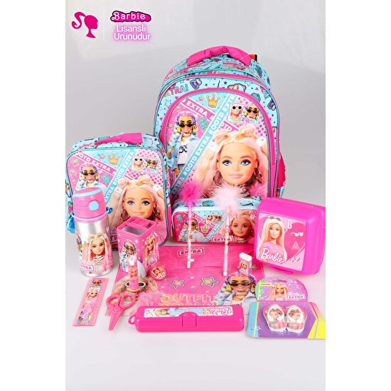 Barbie Dekomus Ile Lisanslı Full + Full pembe Mavi Prenses Koleksiyonu Barbıe 3 Bölmeli Okul,beslenme ve Kalem Çantası Ile Kırtasiye Seti