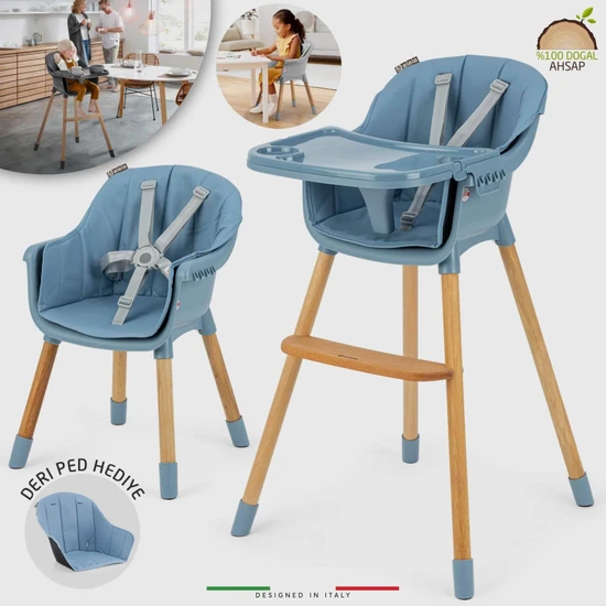 Elele Verona 4in1 Ahşap Bebek Mama Sandalyesi ve Mama Oturağı Deri Pedli Mavi