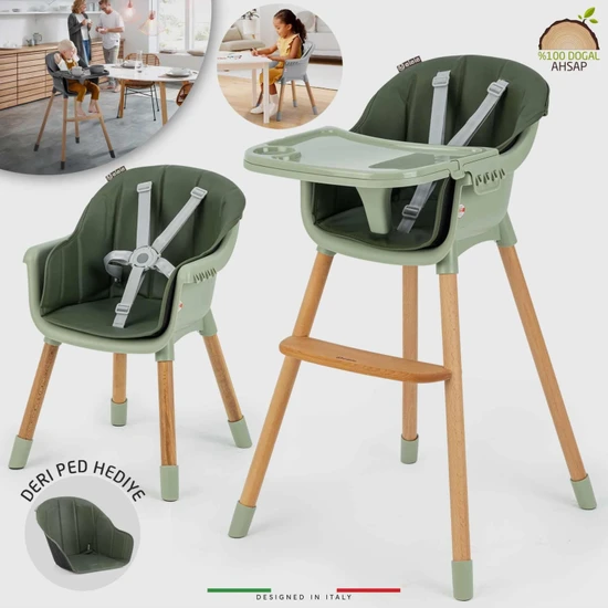 Elele Verona 4in1 Ahşap Bebek Mama Sandalyesi ve Mama Oturağı Deri Pedli Yeşil