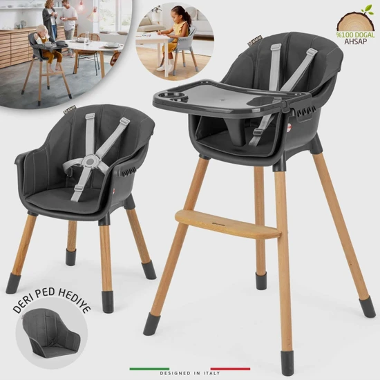 Elele Verona 4in1 Ahşap Bebek Mama Sandalyesi ve Mama Oturağı Deri Pedli Antrasit