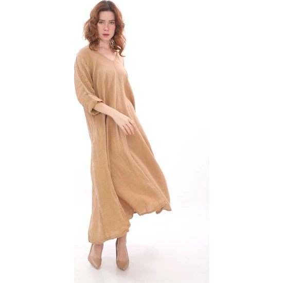 Bohem Stil Italyan V Yaka Uzun Kol Keten Elbise
