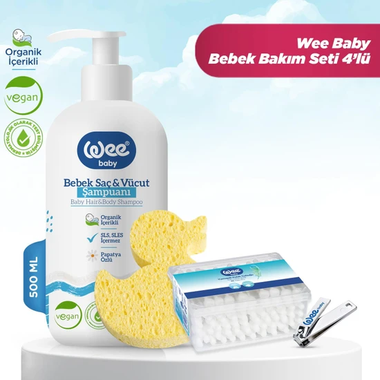 Wee Baby Bebek Şampuan 500 ml + Banyo Süngeri + Emniyetli Kulak Çubuğu + Tırnak Makası Bakım Seti