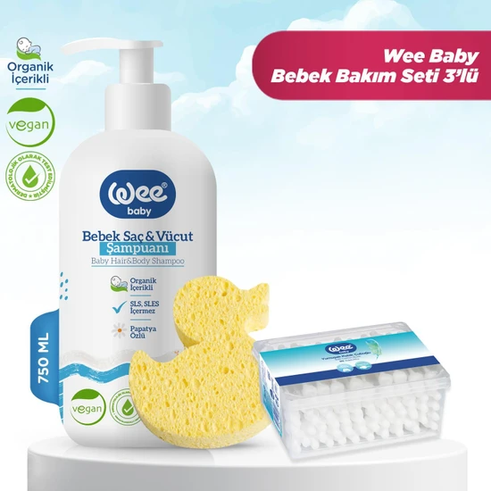 Wee Baby Bebek Şampuan 750 ml + Banyo Süngeri + Emniyetli Kulak Çubuğu 3'lü Bakım Seti