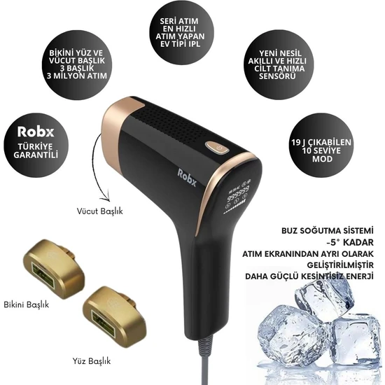 Robx A05 Ipl 3 Milyon Atım Akıllı Cilt Tanıma Ultra Seri Atım 3 Başlık Vücut+Yüz+Özel Bölgeler Buz Soğutma Epilasyon Cihazı