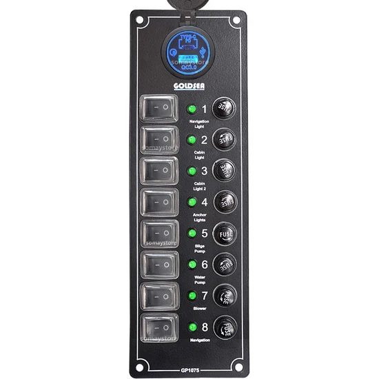 Goldsea Switch Panel 8 Anahtar Usb 3.0 Type-C Soketli Kontrol Paneli 12-24V Panel Ölçüsü 250x80mm