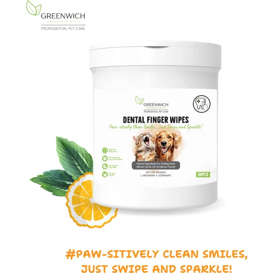 Greenwich Diş Temizleme Parmak Mendil Tartar Ağız Kokusu Giderici Hijyenik Islak Mendil Kedi Köpek Vegan Bitkisel Içerikli 50 Adet