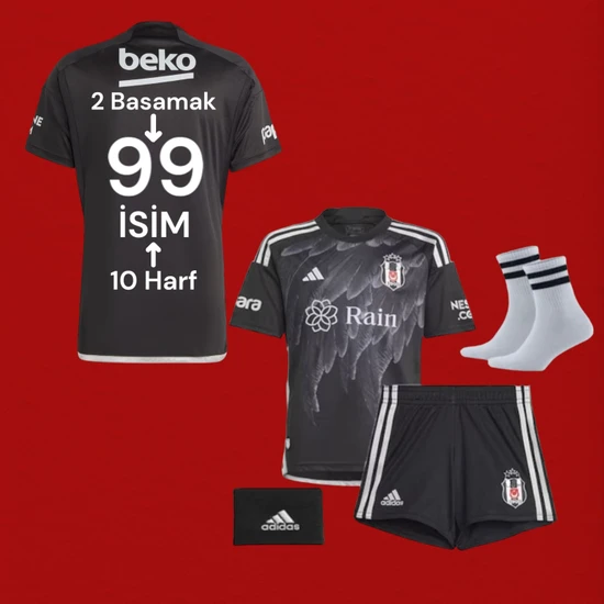 Quaxram Kişiye Özel Baskılı-Siyah Beyaz Çocuk Futbol Forması 4'lü Set Forma Şort Çorap ve Bileklik /black