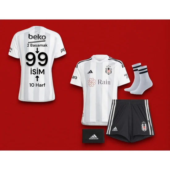 Quaxram Kişiye Özel Baskılı-Siyah Beyaz Çocuk Futbol Forması 4'lü Set Forma Şort Çorap ve Bileklik /white