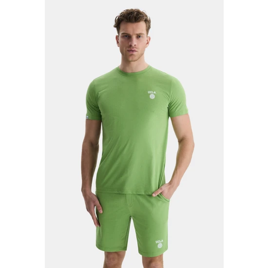 Ucla Bass Açık Yeşil Bisiklet Yaka Baskılı Standard Fit Erkek Tshirt