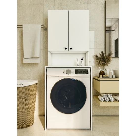 Montenero Çamaşır Makinesi Üstü Düzenleyici Parlak Beyaz Banyo Dolabı