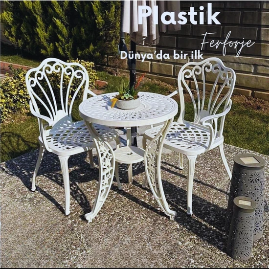 IVF Istanbul Model Ferforje Görünümlü 60 cm Çap Plastik Masa ve Sandalye Balkon Takım 2 Sandalye 1 Masa