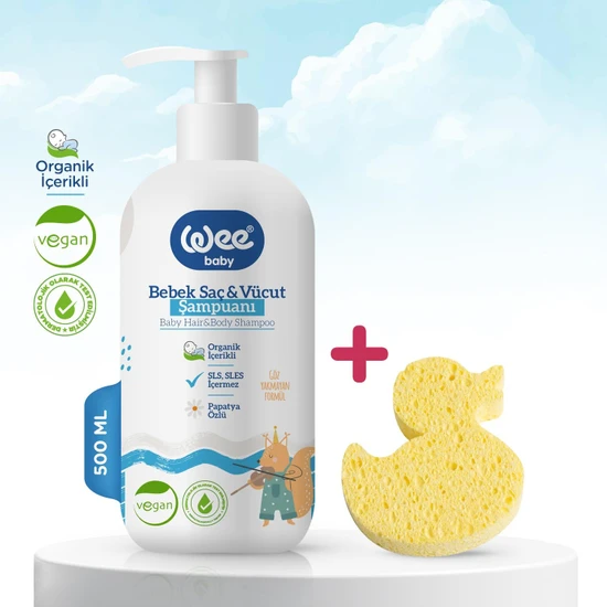 Wee Baby Organik Bebek Şampuan 500 ml + Doğal Selülozik Banyo Süngeri Seti