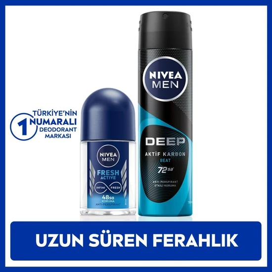 Nivea Men Erkek Sprey Deodorant Deep Beat 150ML ve Mini Roll-On Fresh Active 25ML Set, Ter Karşıtı Koruma