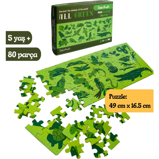 Doerkids All Green-Yeşil Hayvanlar Midi Puzzle | 80 Parça 5+ Yaş