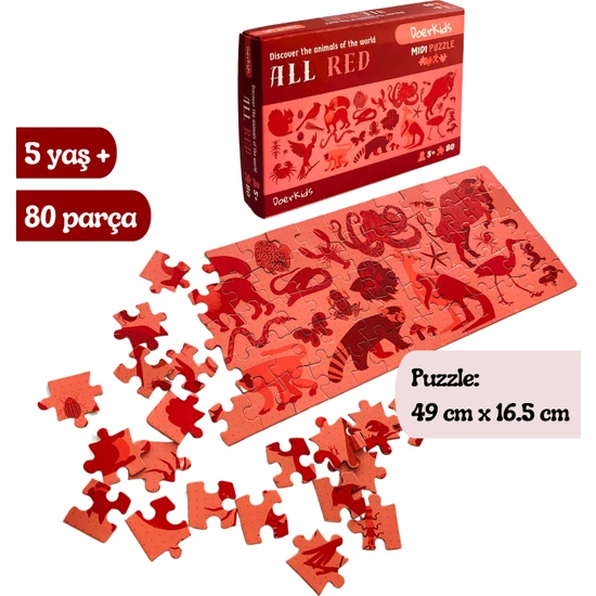 Doerkids All Red-Kırmızı Hayvanlar Midi Puzzle | 80 Parça 5+ Yaş