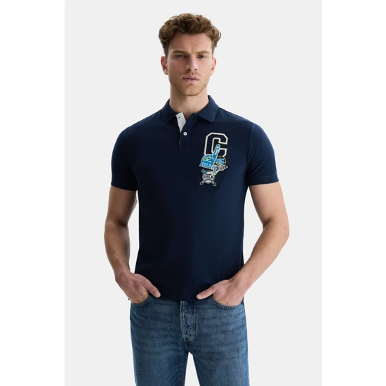 Ucla Franke Lacivert Polo Yaka Nakışlı Erkek Tshirt