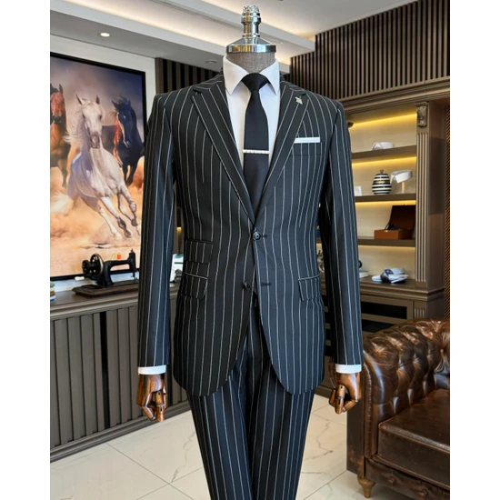 Terzi Adem Altun Italyan Stil Slim Fit Çizgili Ceket Pantolon Takım Elbise Siyah T11931
