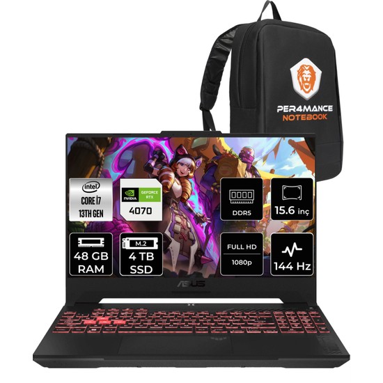 Asus Tuf Gaming F15 Intel Core I7 13620H 48GB 4tb SSD RTX4070/8GB 144Hz 15.6'' Fhd Fdos Taşınabilir Bilgisayar LP097 & Per4 Çanta LP097P330