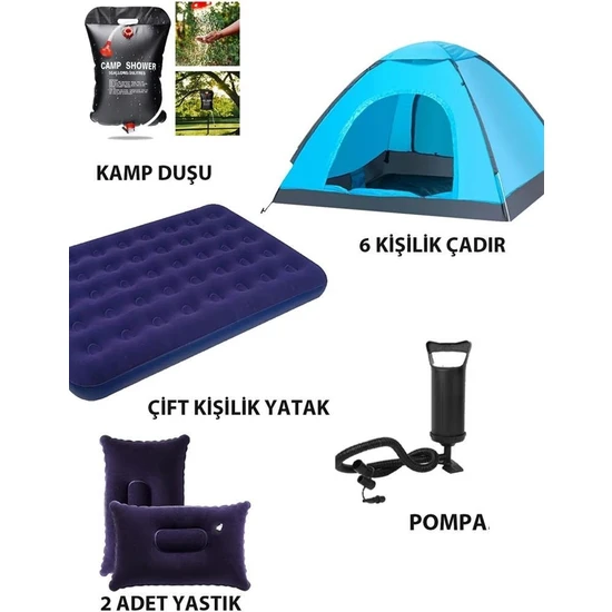 Black Island 6 Kişilik Kamp Çadırı + Çift Kişilik Yatak + Kamp Duşu + Yastık Seti