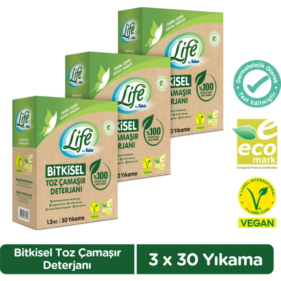 Life by Fakir Vegan Bitkisel Doğal Çamaşır Toz Deterjanı 1.5 kg x 3 Adet
