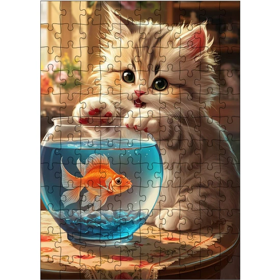 Tablomega Ahşap Mdf Puzzle Yapboz Yavru Kedi Akvaryum Başında 120 Parça 25*35 cm