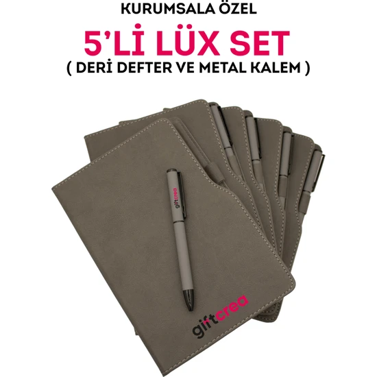 Giftcrea Kurumsal Firmalara Özel Baskılı Özelleştirilebilir, 5'li Deri Defter ve Metal Kalem Seti