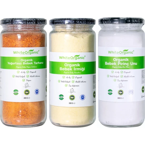 White Organic Bebek Ek Gıda Alerjen Seti 6-7-8 Ay Yoğurtsuz Bebek Tarhana-Bebek Irmiği-Tam Pirinç Unu
