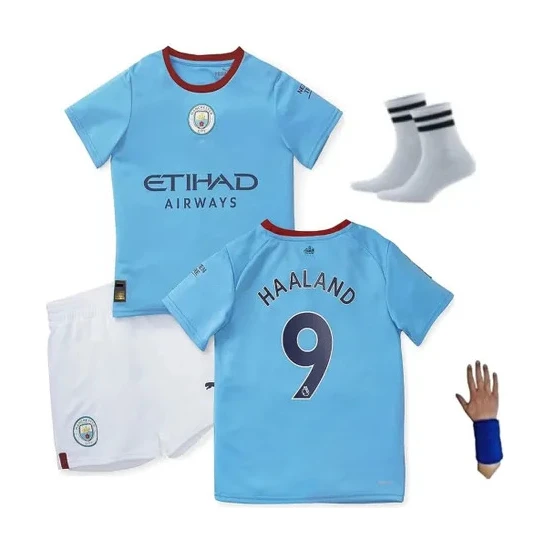 Sidas Manchester City Haaland Açık Mavi Özel Tasarım Çocuk Futbol Forması 4'lü Set Forma Şort Çorap DSL968586S