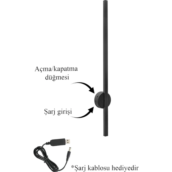 akbudak aydınlatma Osram Ledli Şarjlı Pilli Aplik Modern Dekoratif LED Duvar Otel Cafe Hol Hotel Aplik Siyah Eskitme Antrasit BEYAZ68CM  AK1010AK70CM