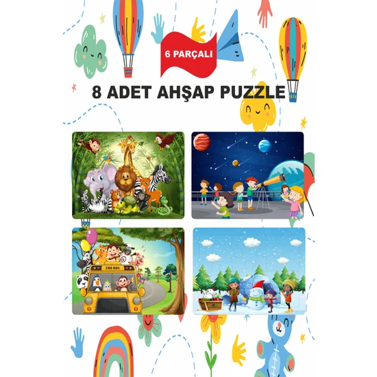 212TOYZZ Çok Renkli Sevimli Karakterler Çocuk Ahşap Puzzle 6 Parça 8 Adet Eğitici Öğretici Set