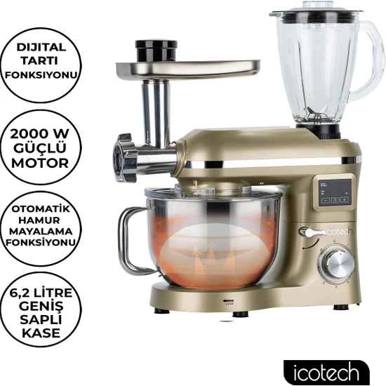 Icotech SM50 LED Ekranlı Hamur Mayalama Kıyma Çekme Blender 2000W 6,2 Litre Stand Mikser Mutfak Şefi Gold